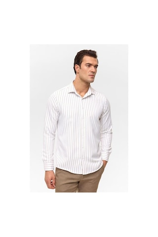 Bej Slim Çizgili Klasik Yaka Gömlek Bej