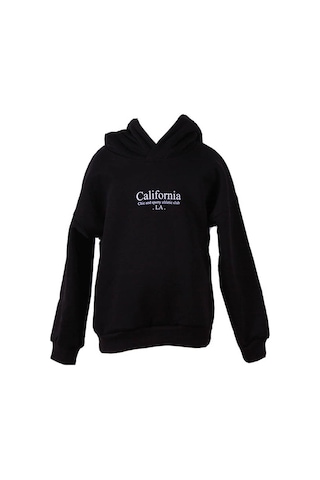 Trender Baskı Kapüşonlu Siyah Kız Çocuk Sweatshirt 3 İp Şardonlu California SiYAH