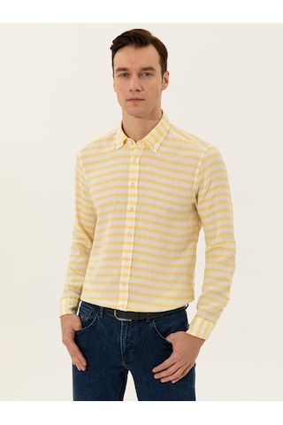 Cacharel Sarı Keten Karışımlı Slim Fit Uzun Kollu Gömlek