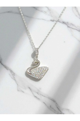 Taşlı Kuğu Figürlü 925 Ayar Gümüş Kolye Zarif Ve Işıltılı Tasarım Gümüş