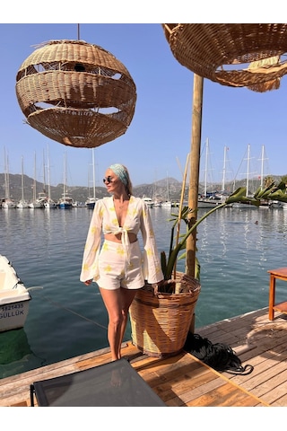 Kadın Çiçek Desenli Keten Şort-bluz Takım - Özel Tasarım Beyaz