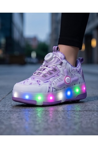 2256-n-drops Led Işıklı Çift Tekerlekli Akıllı Bağcıklı Unisex Çocuk Patenli Ayakkabı Beyaz - Lila