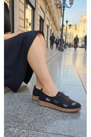 Geeta Ayakkabı Kadın Günlük Loafer Ayakkabı Çiçek Desenli Siyah