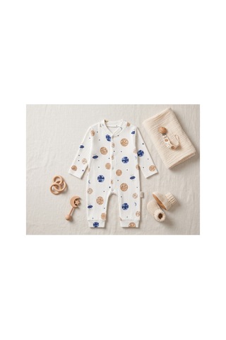 Deniva Kids Erkek Bebek Gezegen Desenli Fitilli Kaşkorse Boydan Çıtçıtlı Pamuklu Tulum - Beyaz 0-3 Ay