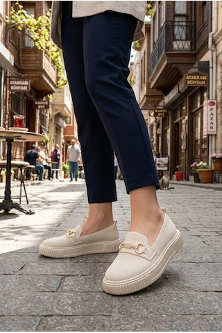 Fort Ventes 346415 Rahat Taş Toka Aksesuarlı Triko Loafer Kadın Ayakkabı Bej