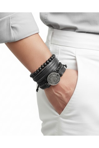 5 Adet Bileklik İskandinav Pusula Figürlü Hakiki Deri Bileklik Hediye Bileklik Siyah