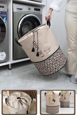 Flora Torbalı Çamaşır Oyuncak Sepeti, Ağzı Büzgülü Dekoratif Saklama Sepeti 35x50cm Bej