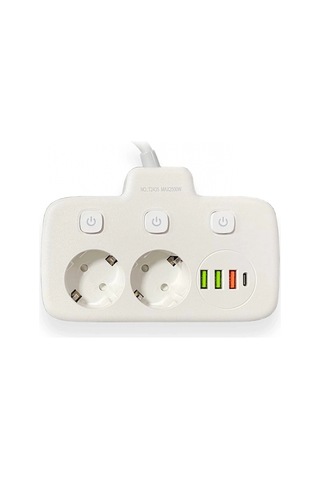 Akım Korumalı 2 Li Ayrı Anahtarlı Priz, 2x Priz, 3x Usb, 1x Type-c, 2 Mt Kablo, Hızlı Şarj Standart