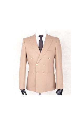 Jan Carlucci Yazlık Kruvaze Yarım Astar Metal Düğme Slimfit Drop 6 Ceket Açık Somon Rengi Camel