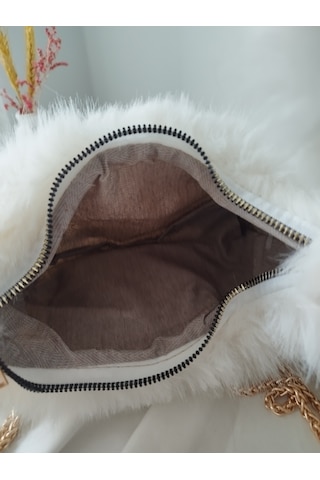 Vivazzaluxe Vintage Peluş Kürk Model Sonbahar, Kış Tote Bag Kadın El, Omuz, Çapraz Çanta Beyaz