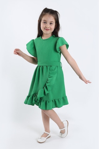 Aden Kids Yeşil Mavisi Kız Çocuk Yazlık Fırfırlı Elbise - Likralı Kemerli Şık Kız Çocuk Kıyafeti - 2-8 Yaş