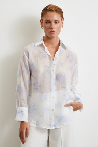 Organze Desenli Tül Gömlek Mavi Mavi