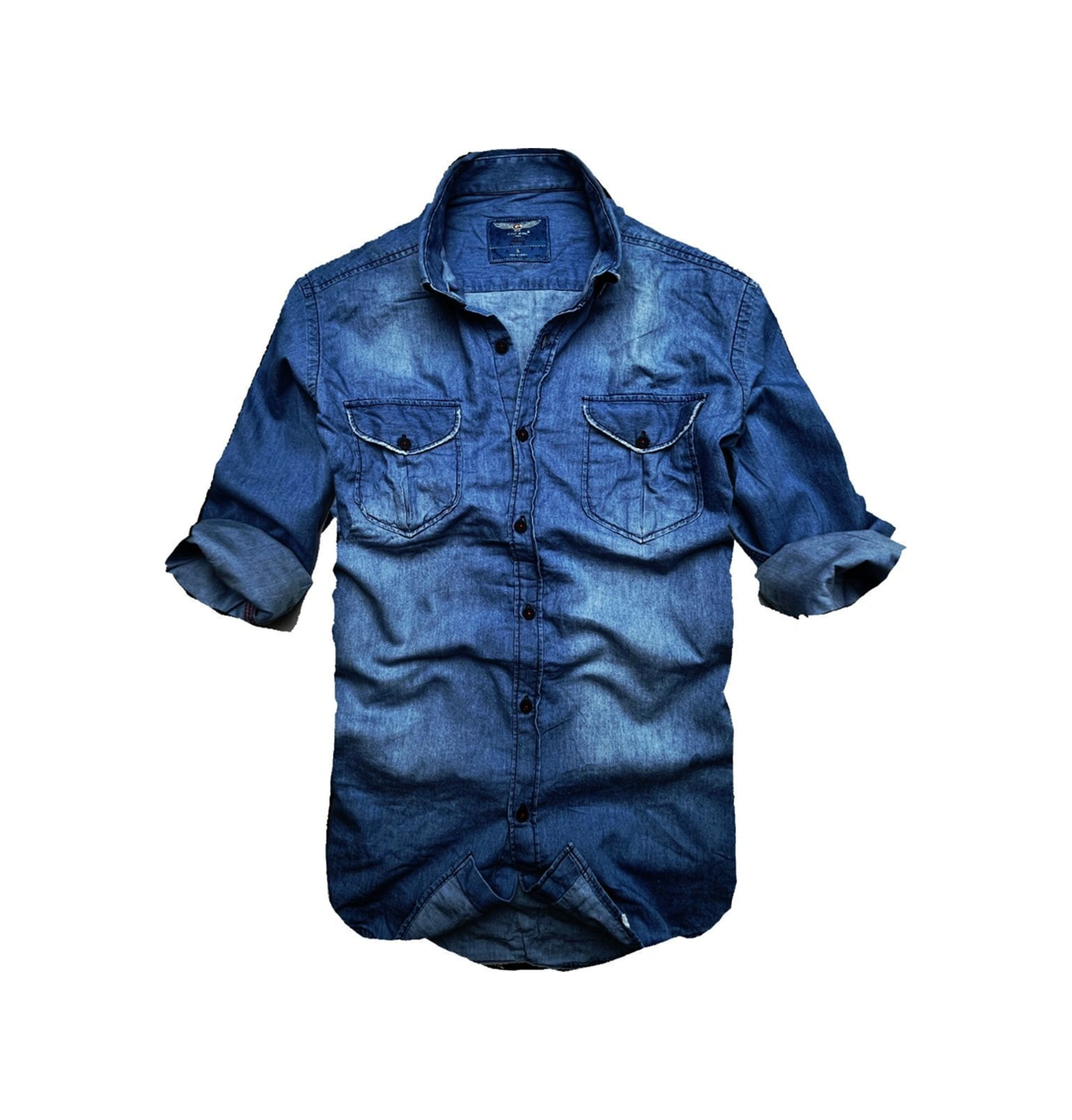 Slim Fit Saf Pamuk Denim Kumaş Kot Gömlek- Koyu Mavi- Çok Renkli