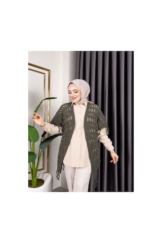 Hira Life Fashion Kadın Mevsimlik Saçaklı Ve Ajurlu Pamuk Triko Hırka Haki Haki