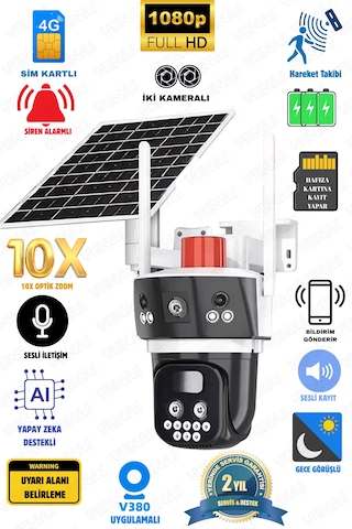Solar Panel Dahil 4g Destekli 10x Zoom Full Hd Çift Lens Akıllı Güvenlik Kamerası