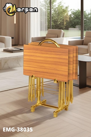 Eranş Serisi 4'lü Katlanır Mdf Mebran Ahşap Çanta Zigon Sehpa Gold Ayak Atlantik Çam Desen Gold Ayak