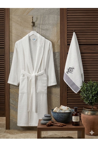 Premium 2'li Aile Bornoz Seti Çeyizlik Pamuklu Hediyelik Banyo Takımı S/m Krem