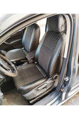 Volkswogen Caddy 2015 2020 Arası Uyumlu Siyah Zemin Beyaz Nakışlı Taytüyü Siyah Deri Karışımı