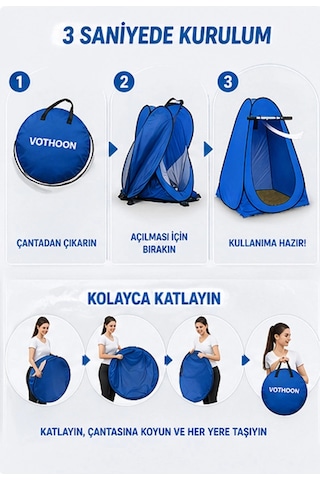 Otomatik Kabin Giyinme Çadırı 120x120x190 Cm Üst Havalandırma Yan Pencereli Duş & Wc Çadırı Mavi Çok Renkli