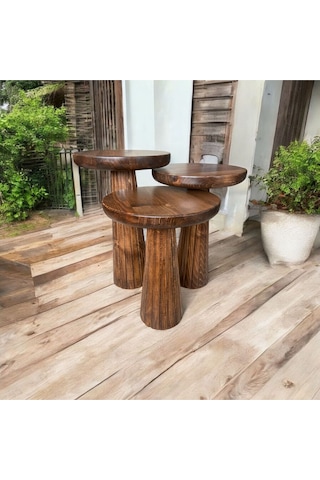 Simillo Wood Wooden Ahşap 3 Lü Set Fitilli Mantar Yan Sehpa Modern Ceviz Renk Fisko Kod:15948405111 Ceviz