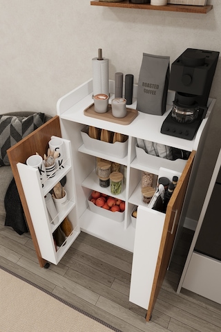 Asra Trend MK-12 %100 MDF 80x102 cm Çok Amaçlı Mutfak Kiler Dolabı Kapak İçi Raflı Kahve Köşesi Beyaz Petra