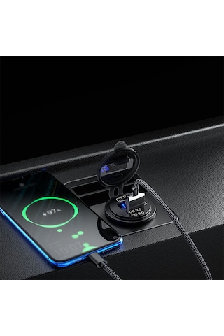Geeksen Araç Usb Şarj Cihazı Pd 30w+qc3.0 18w Hızlı Şarj, Voltaj Göstergeli, Mavi Işık, 12-24v, Abs Malzeme