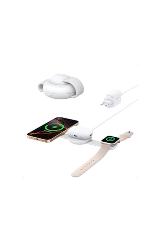 Maggo 3'ü 1 Arada Kablosuz Şarj İstasyonu, Qi2, 15w, Katlanabilir, Magsafe Uyumlu, Beyaz - B25m8