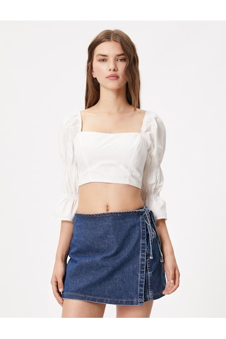 Koton Crop Bluz Kare Yaka Arkası Dekolteli Uzun Kollu Büzgü Detaylı Pamuklu Kırık Beyaz 3sal60232ıw 3SAL60232IW001