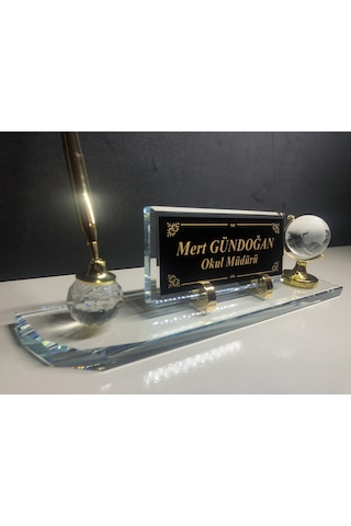 Cam Masa İsimliği Masaüstü Kişiye Özel Şeffaf Gold Yazı