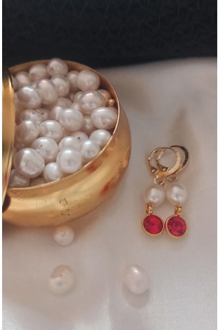 24k Altın Kaplama Gerçek İnci Zirkon Taşlı Kırmızı Tasarım Küpe K Gold