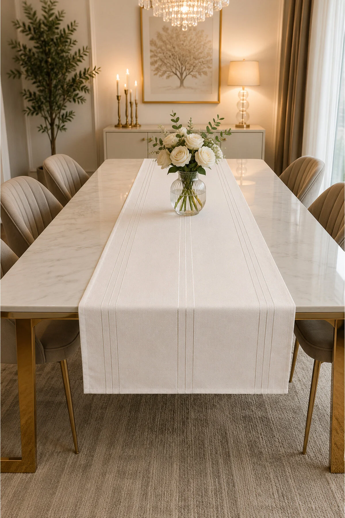 %100 Polyester Dertsiz Leke Tutmaz Şerit Desenli Runner Masa Örtüsü 53x200 Cm Krem
