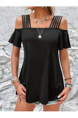 Soonaksesuar Kadın Kısa Kollu Beş Askılı Viskon Bluz Siyah