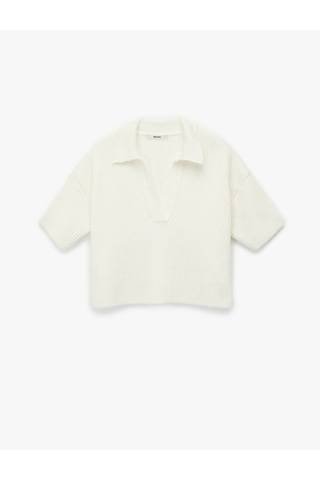 Koton Koton X Sima Tarkan - Kısa Kollu Polo Yaka Oversize Triko Kazak Ekru 6wak90407ht