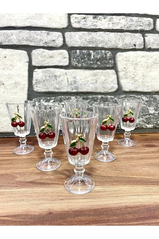 6 Lı Kristal Cam Kahve Yanı Bardağı Kiraz Bardak Kirazlı Flüt 75m
