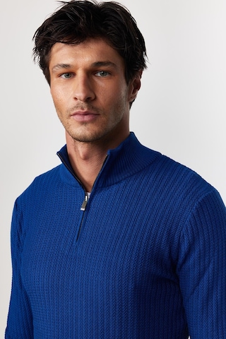 Tudors Slim Fit Dar Kesim Dik Yaka Fermuarlı Desenli Saks Mavi Erkek Triko Kazak-28922 Saks