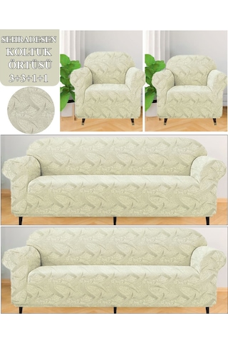 Koltuk Örtüsü Takımı 3311 Yıkanabilir Streçli Lastikli Esnek Krem