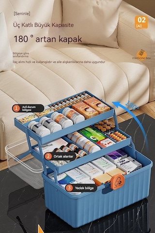 Bosphorusboutique02 Pratik Ev Acil İlaç Kutusu - Çok Katlı, Büyük Kapasiteli, Ekstra Büyük Mavi Kristal Model Mavi