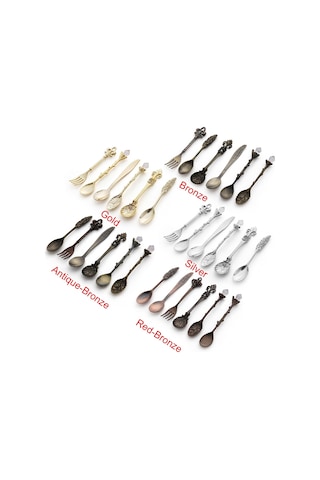 Sones Adet / Set Vintage Mini Kahve Kaşıkları Takım Kraliyet Tarzı Metal Oymalı Kahve Meyve Kesici Tatlı Çatal Bıçak Takımı Mutfak Aletleri Antik Bronz Antik Çatalla