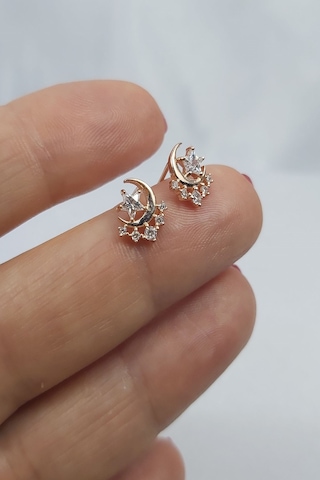 925 Ayar Rose Renk Yıldızlı Hilal Gümüş Küpe