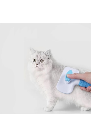 Mavi Basmalı Kedi Ve Köpek Tarağı Otomatik Temizlenen Pet Fırçası Paslanmaz Çelik İğneli Ergonomik