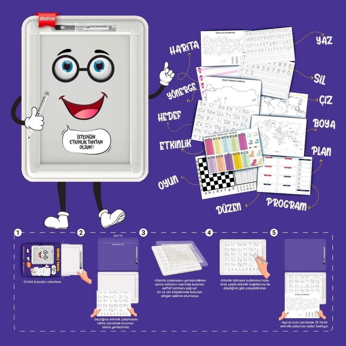 Ams Net 32 Farklı Etkinlikli Kalem Ve Silgi Hediyeli Eğitici Sihirli Etkinlik Tahtası Beyaz