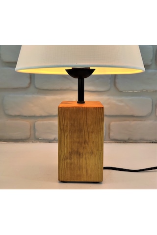 Teak Rengi Ahşap Kütük Ayaklı Beyaz Şapkalı Abajur Masa Lambası Altın