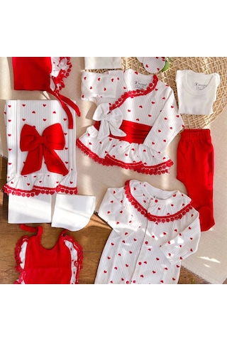 Dantel Yaka 10 Parça Kız Bebek Hastane Çıkışı Kutulu Kırmızı