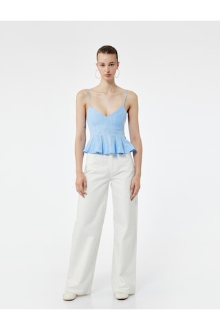 Koton Volanlı V Yaka Pamuklu Askılı Slim Fit Dikiş Detaylı Crop Bluz Mavi 5sal30026ıw Mavi