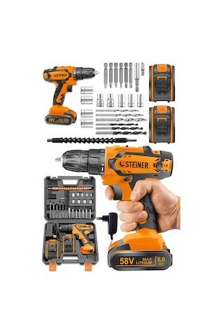 Steiner Kupfer Darbeli 58 V 5 Ah Çift Akülü Vidalama Matkap Turuncu + 24 Parça Set