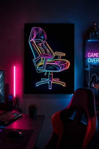 Gaming Koltuğu Metal Duvar Tablosu Neon Oyun Odası Dekoru 30x40 Cm A3 Boyutunda