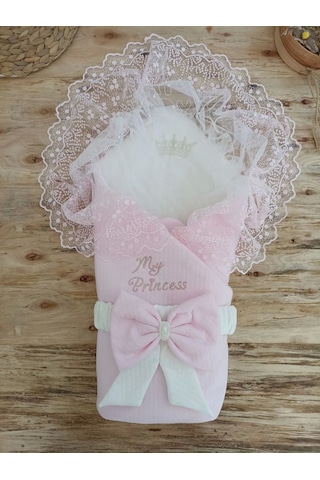 Bal Peteği My Princess Taç Nakış İnci Fiyonklu Dantel Duvaklı Delüks Kundak Bebek Battaniyesi Pembe