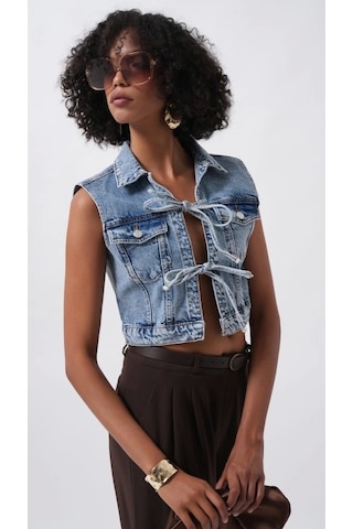 Defymoda Bağlama Detay Denim Yelek Mavi