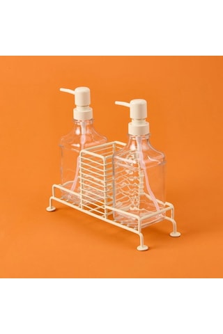 Arow Cream 2'li Metal Stantlı Cam Sıvı Sabunluk - Şeffaf / Krem - 200 Ml Şeffaf / Krem