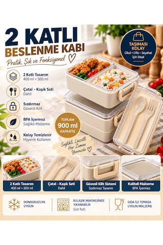 2 Katlı Bölmeli Sefer Tası / Beslenme Kabı 900ml - Kaşık Çatal Setli, Sızdırmaz Ve Bpa İçermez Bej